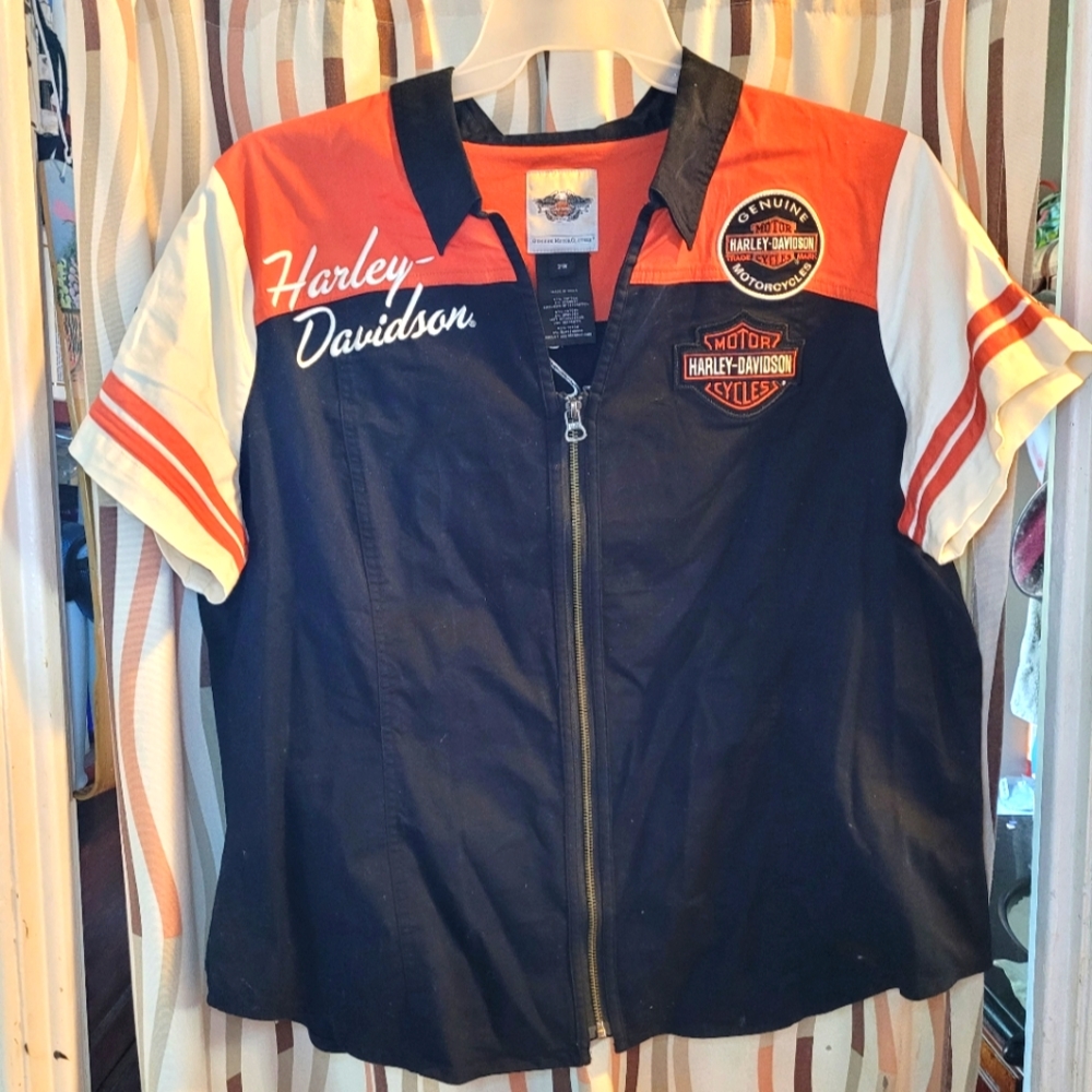 Harley Davidson - Authentic ladies zip shirt 2W. Orange, Black and Cream